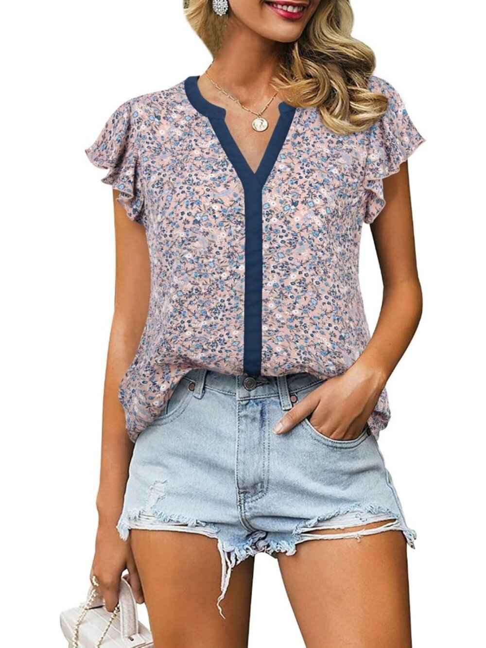 Chic Women's Notch V Neck Chiffon Blouse - Short Sleeve Casual Lace Top